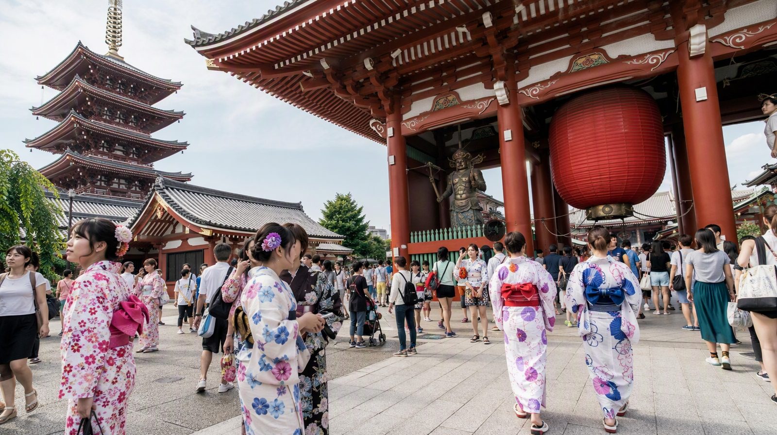 El templo Senso-ji en Asakusa, Tokio: una pagoda de cinco pisos y una linterna roja gigante