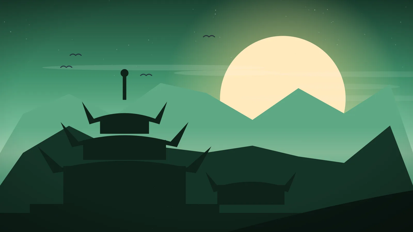 Bali travel guide — Balinese temple silhouette among green hills at sunrise, Indonesia