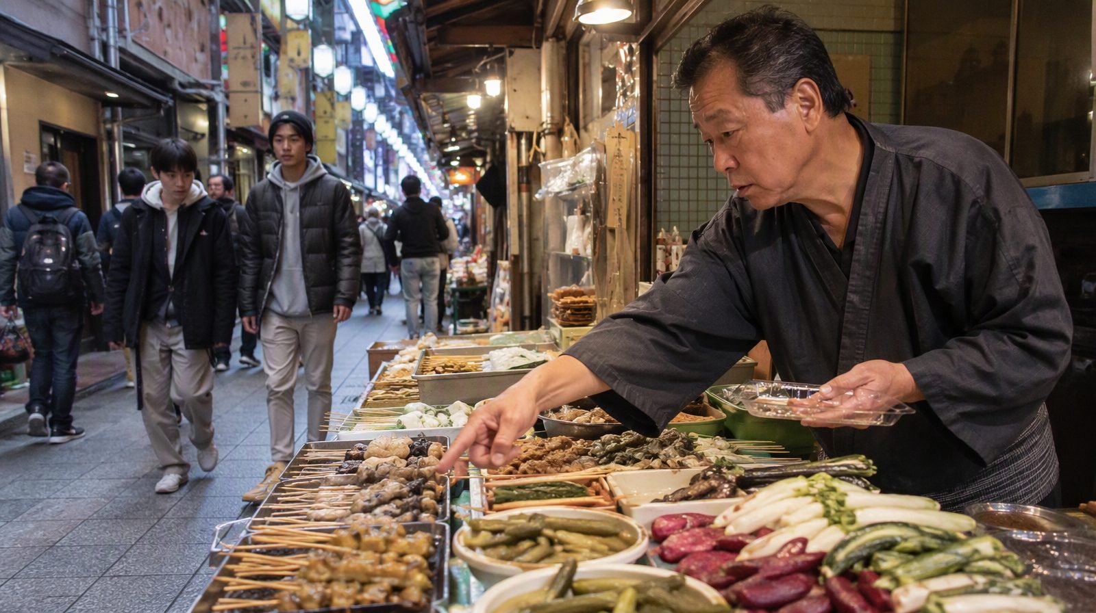 ตลาดนิชิกิในเกียวโต — มีไม้เสียบและผักดองจัดวางแสดงในซอยมีหลังคา