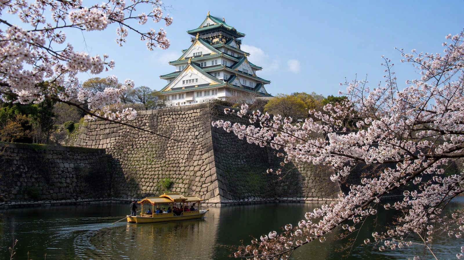 Le château d'Osaka, encadré par les fleurs de cerisier, au-dessus des douves au printemps
