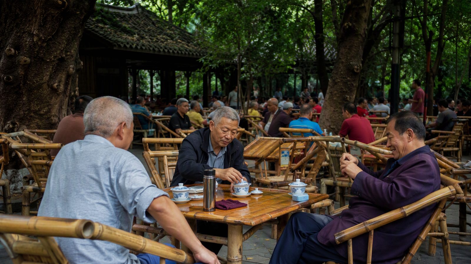 A traditional open-air teahouse in Chengdu with bamboo chairs