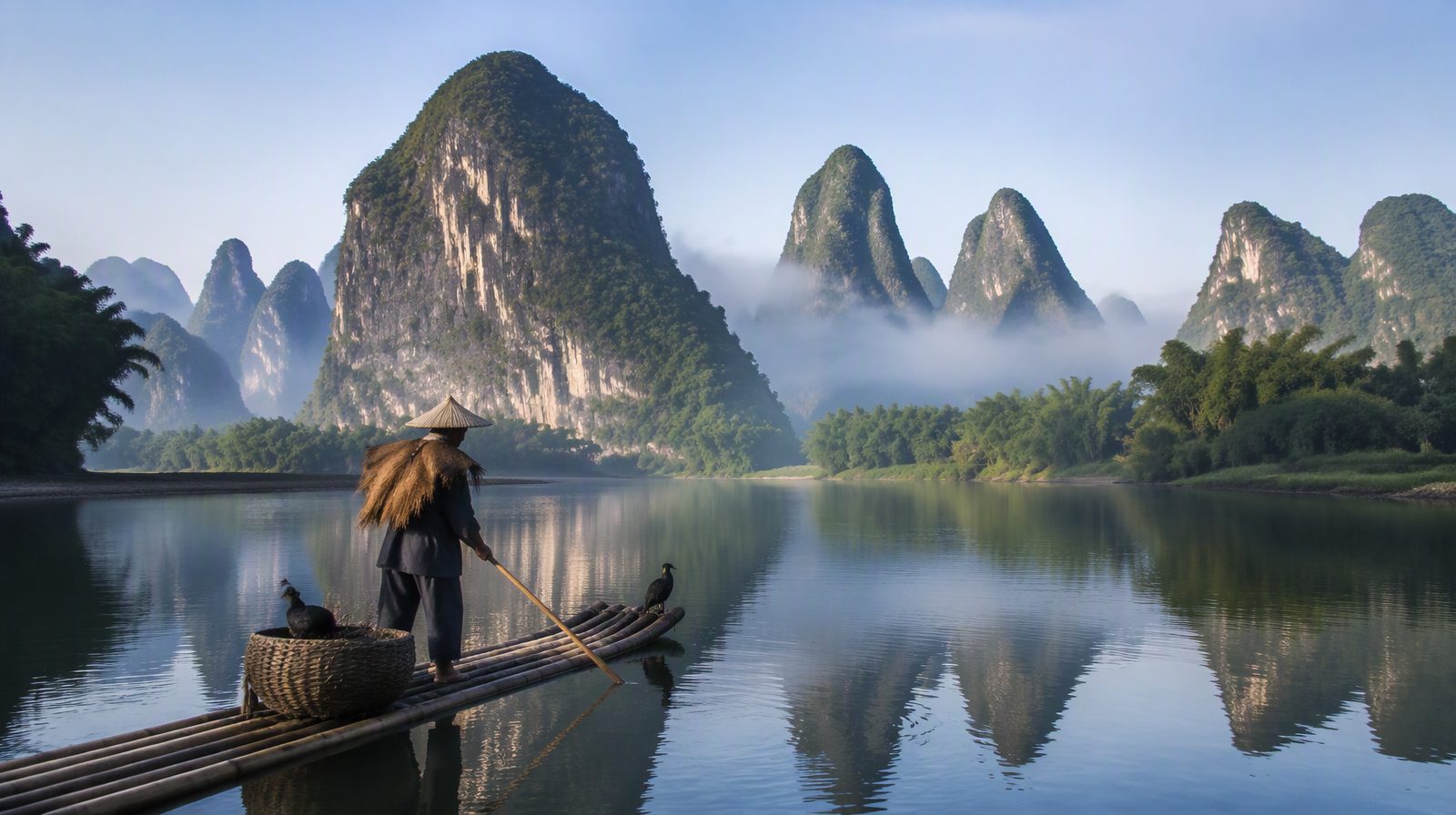 A bamboo raft on the Li River among karst peaks near Guilin, China