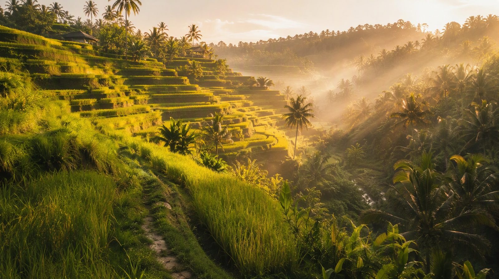 Những thửa ruộng bậc thang ở Bali vào giờ hoàng hôn, Indonesia