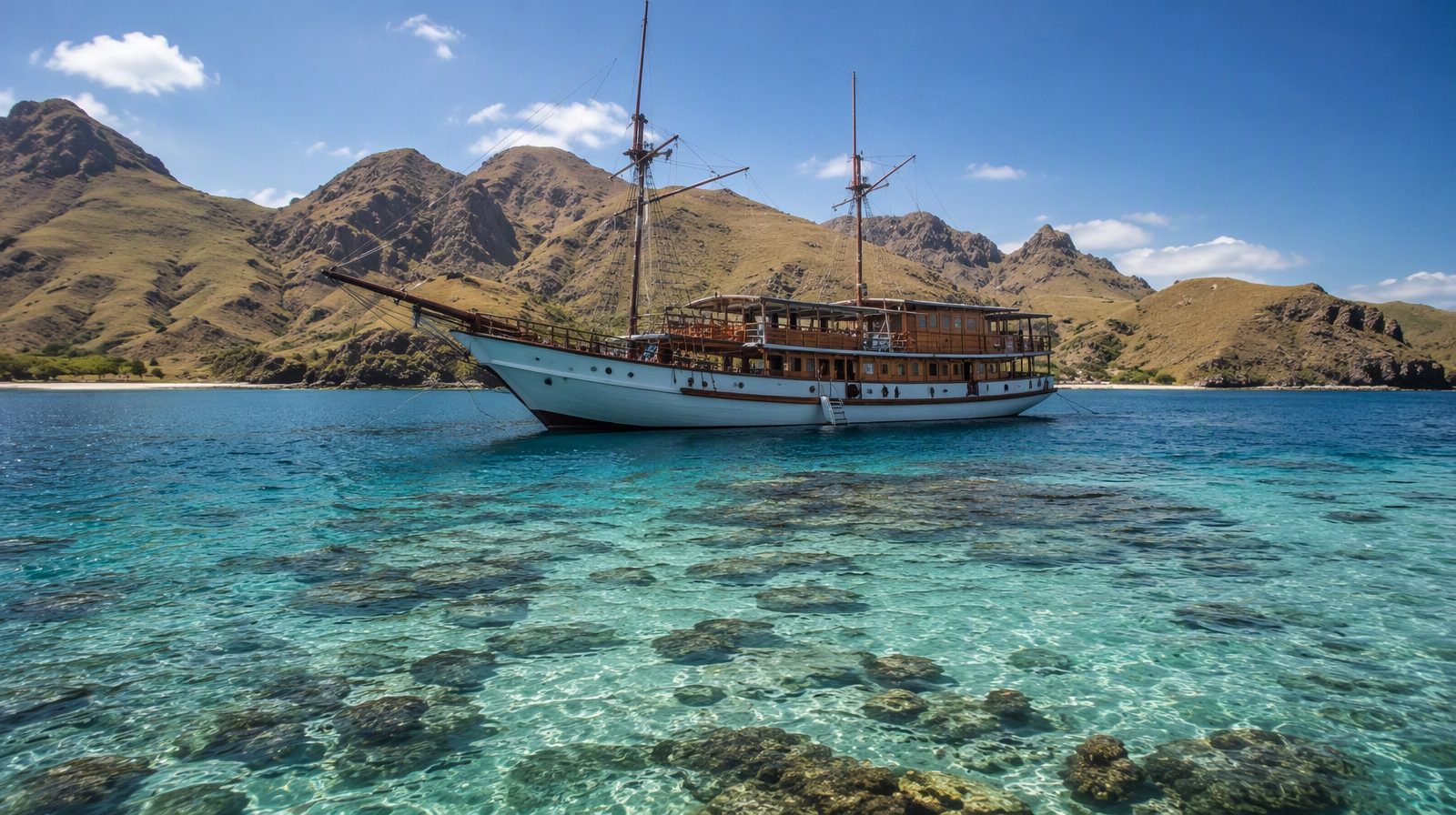 Một chiếc thuyền phinisi trên một đầm phá màu ngọc lam, Vườn quốc gia Komodo, Indonesia