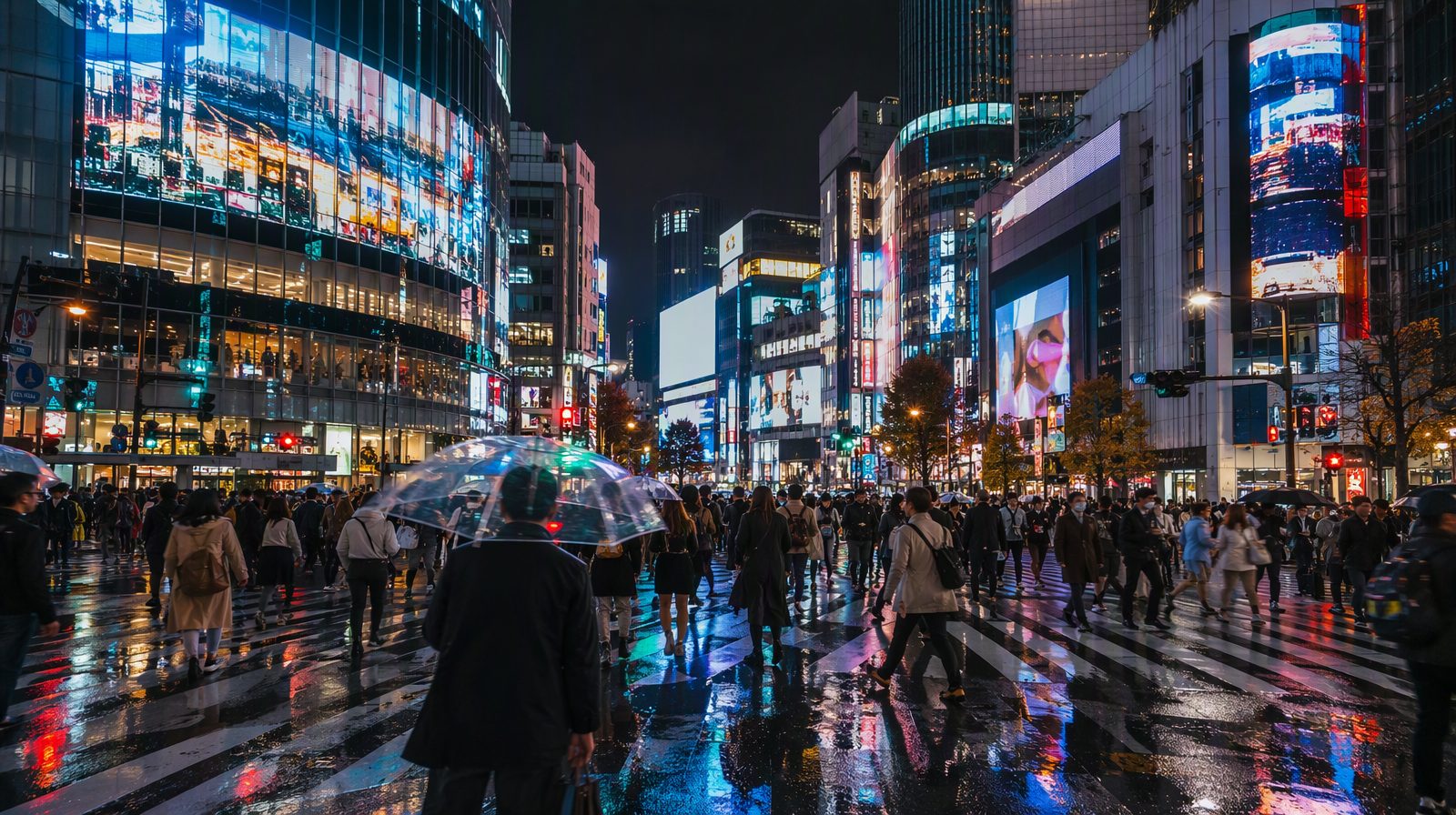 Ngã tư Shibuya ở Tokyo vào ban đêm sau cơn mưa, Nhật Bản