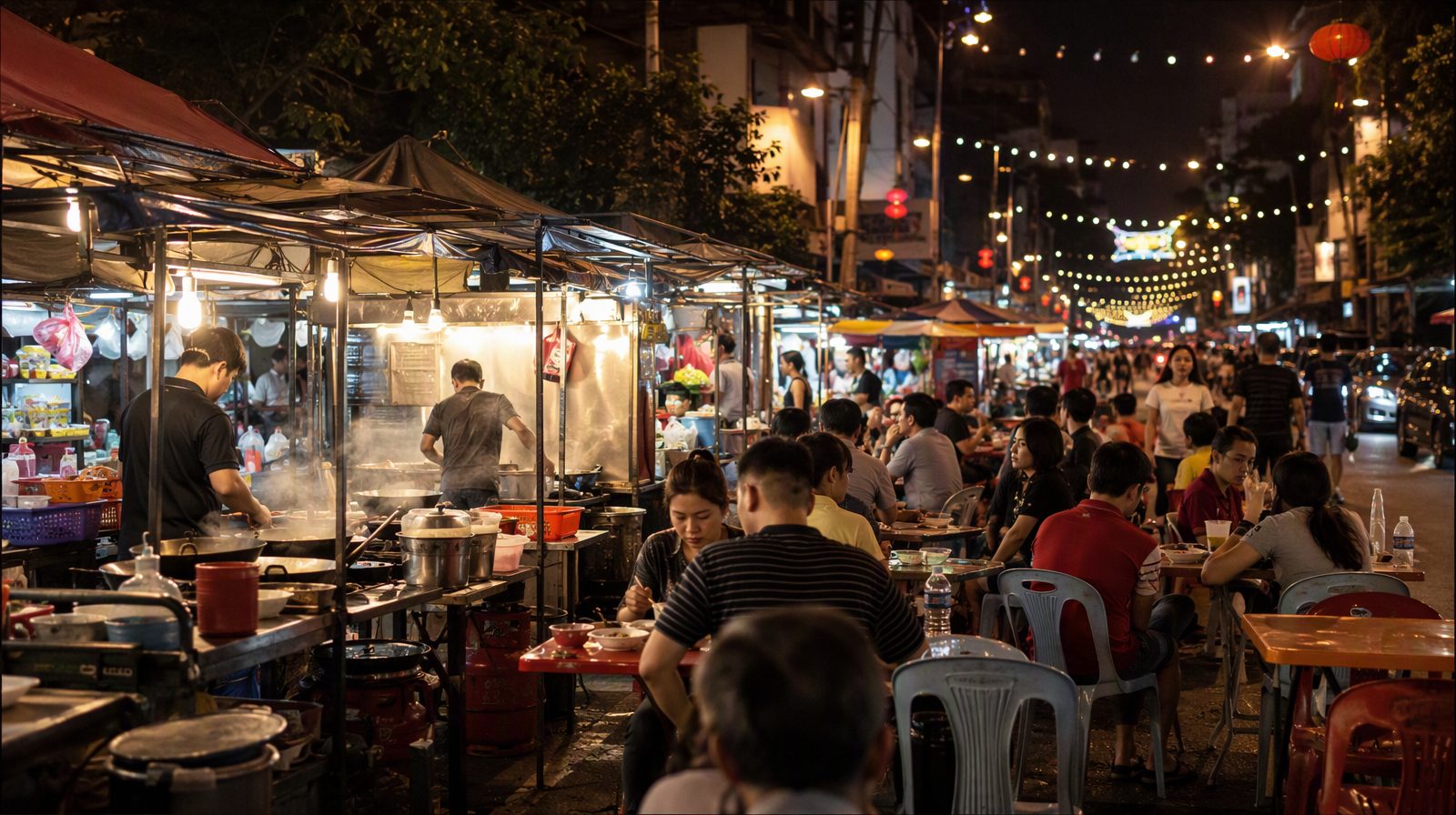 Eine Straße mit Straßenimbissen bei Nacht, Kuala Lumpur, Malaysia
