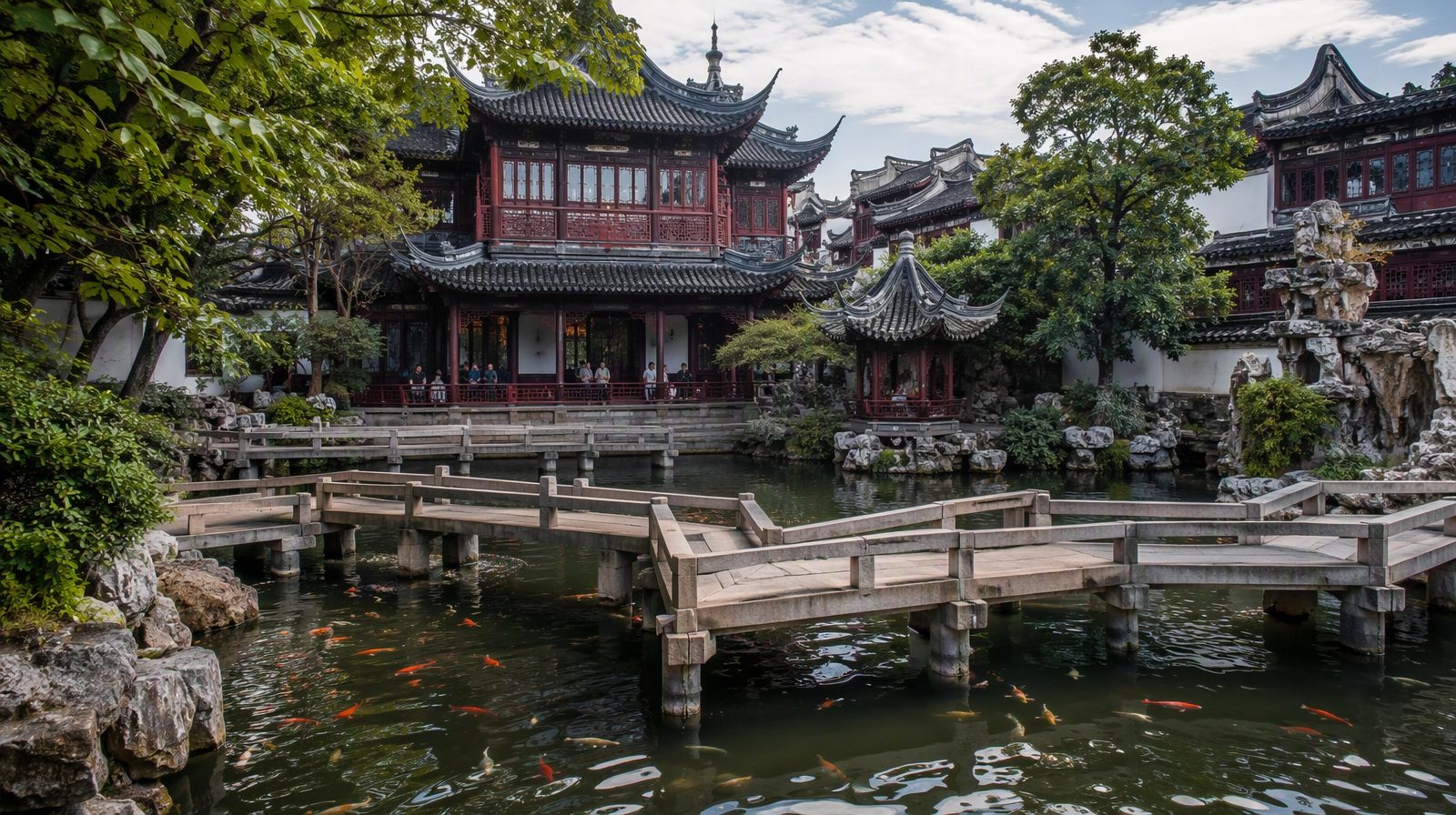Classical pavilions and a zigzag bridge at Yu Garden, Shanghai