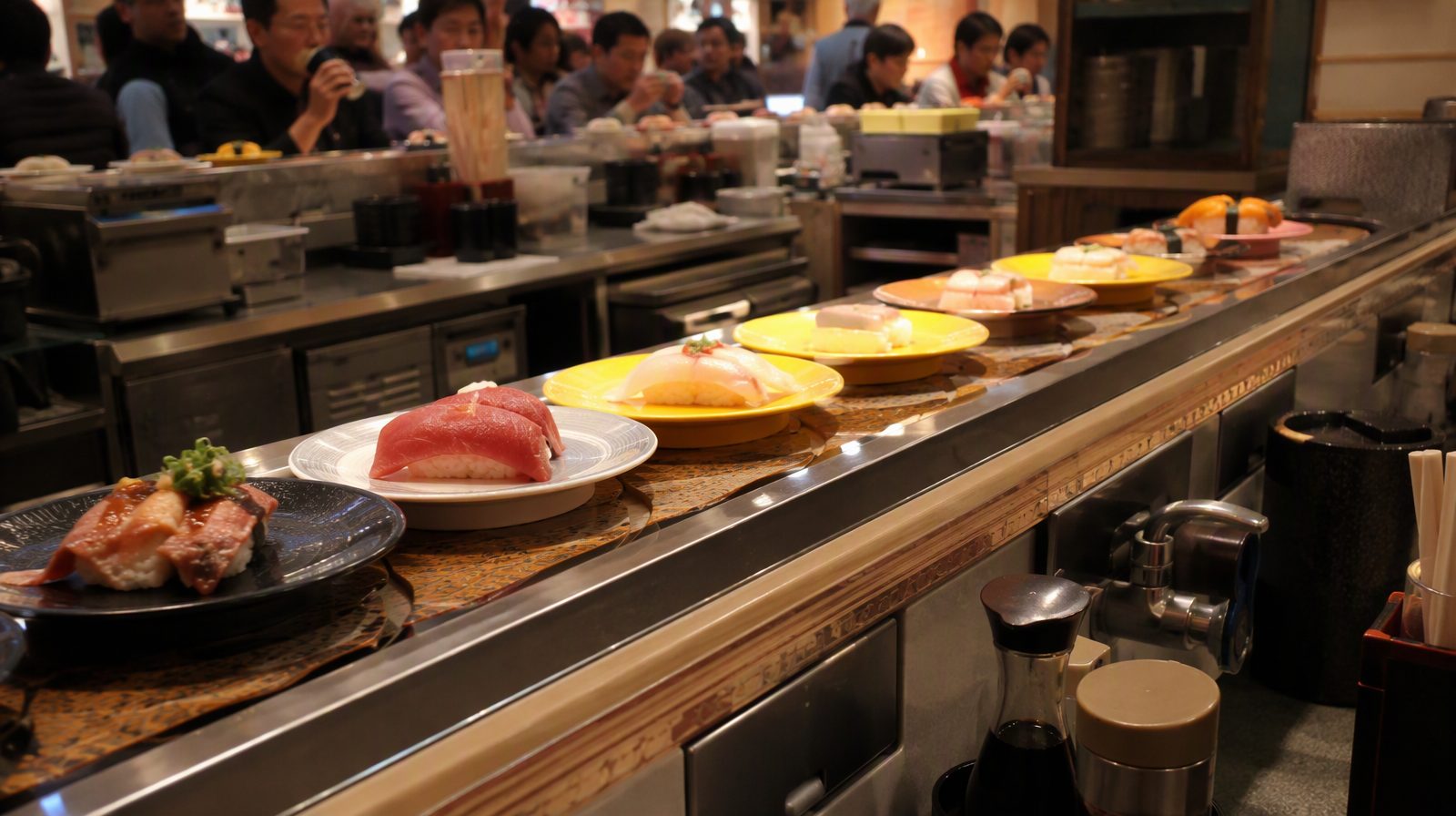จานซูชิบนสายพานที่เคลื่อนผ่านในร้านอาหารไคเทนซูชิในโตเกียว