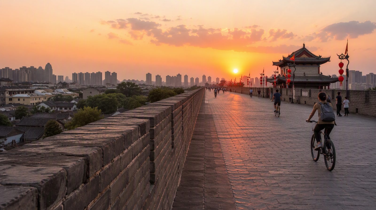 Cyclists on the ancient city wall of Xi'an at sunset