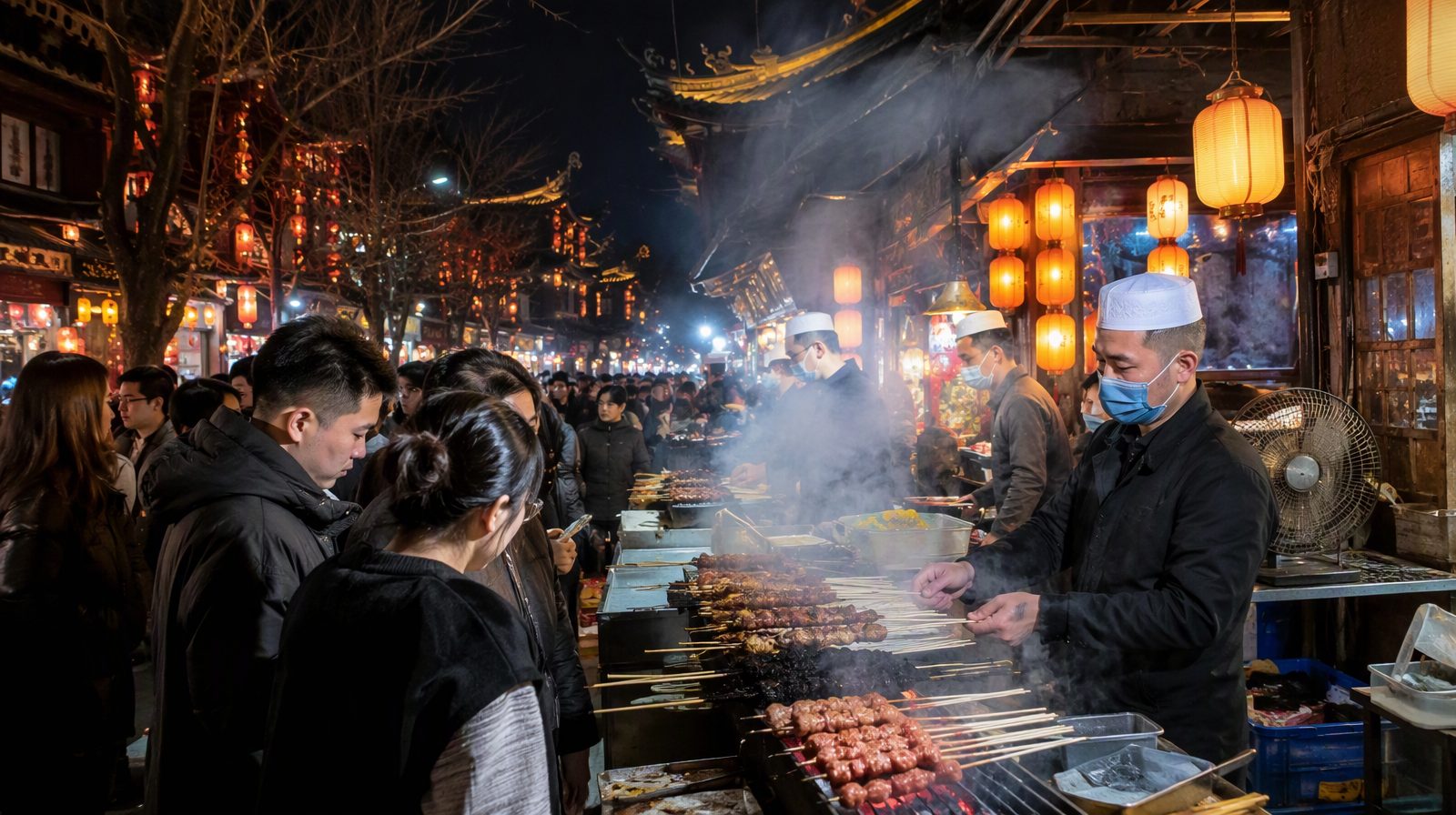 A night food market street in Xi'an's Muslim Quarter